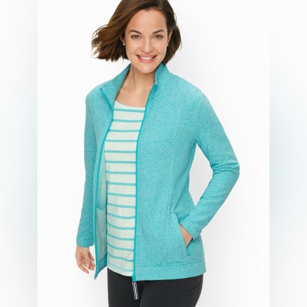 T by Talbots Cozy Crush Terry Mockneck Full Zip Women's Jacket Solid Blue(SizeL)